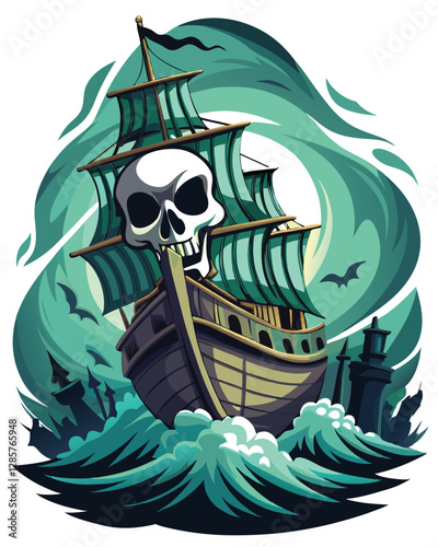 A terrifying cursed pirate ship, its figurehead a colossal, decaying skull, sails under a stormy sky.  Detailed rendering, dark and ominous atmosphere.