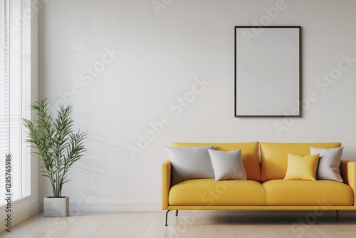 A bright and modern living room featuring a cheerful yellow sofa, decorative pillows, and a minimalist aesthetic.