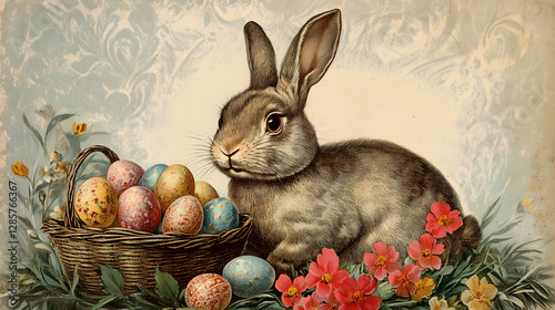 Vintage Bunny with Easter Basket in Garden