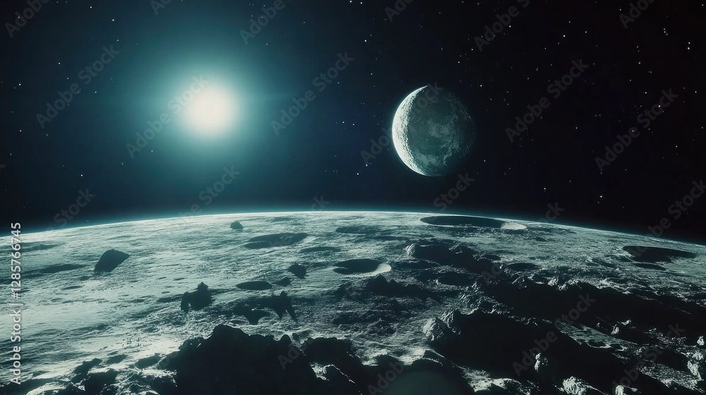 Fototapeta premium A Breathtaking View of a Distant Exoplanet with Towering Craters and a Nearby Exomoon Orbiting a Bright Star