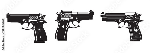 Black and White Handgun Illustrations – Semi-Automatic Pistol Vector Set