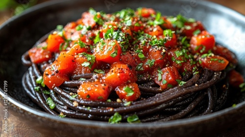 Dark pasta with tomato sauce, close-up, wooden table background photo