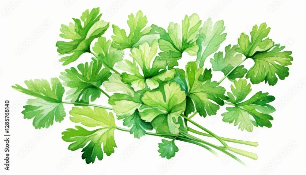 Obraz premium Watercolor coriander leaves on white background clip art illustration.
