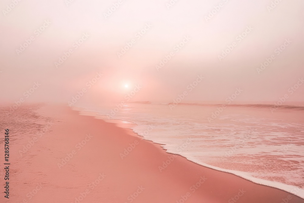 Obraz premium Serene sunrise over misty pink beach with gentle waves