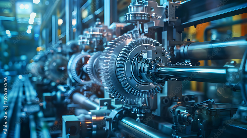 Industrial machinery with gears in a factory setting, showcasing advanced technology and production Industrial machinery with gears in a factory setting, showcasing advanced technology and production