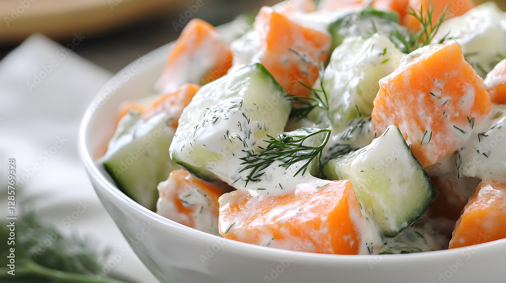 A carrot and cucumber salad with a yogurt and dill dressing. A carrot and cucumber salad with a yogurt and dill dressing.
