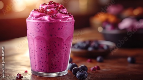 Delicious berry smoothie in glass, kitchen setting photo