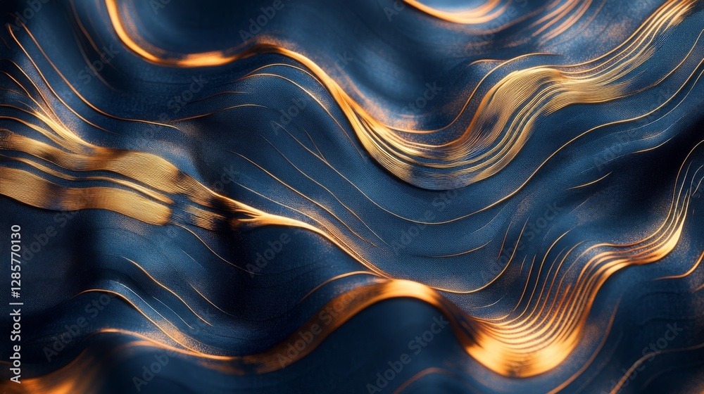 Golden illuminated waves across a dark blue textured surface Golden illuminated waves across a dark blue textured surface