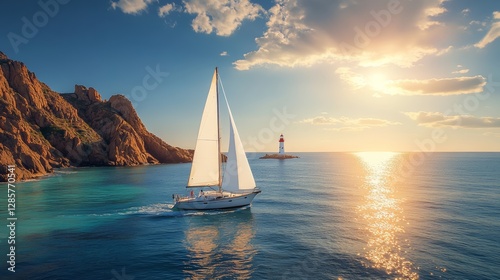 Sailboat is sailing in the ocean with a lighthouse in the background. The sky is cloudy and the sun is setting