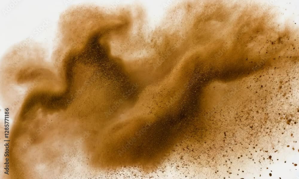 Dust Explosion Brown Powder Particles Flying in Air on White Background Dust Explosion Brown Powder Particles Flying in Air on White Background