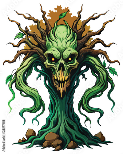 A terrifying demonic tree, its gnarled roots twisting into a colossal humanoid giant, dark and ominous, reaching for the sky.