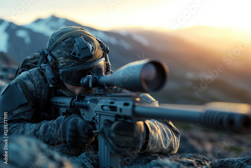 Long distance sniper training mountain range photography misty morning ambiance wide angle view camouflaged marksman supine
