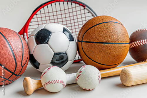A neatly arranged set of sport equipment, including items like a soccer ball, tennis racket, baseball bat, and basketball, all placed on a clean, neutral background