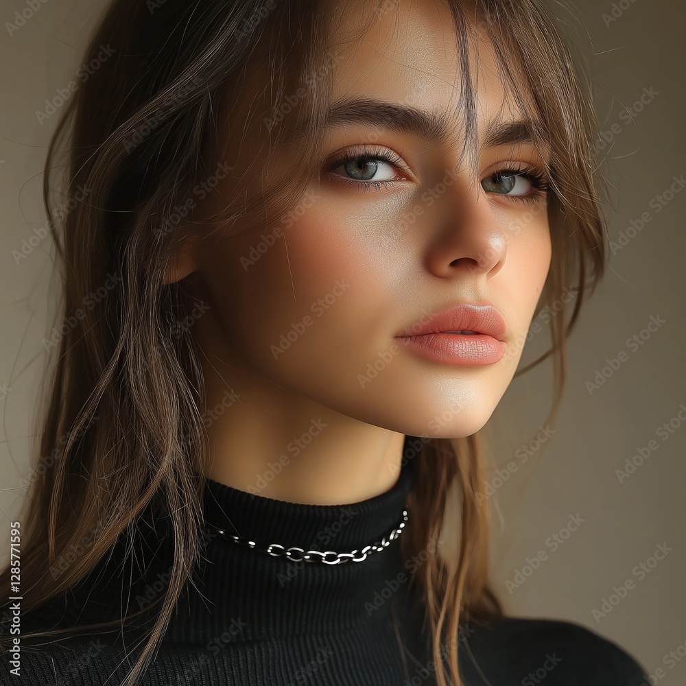 Close-up shot of woman wearing black leather choker necklace, featuring subtle makeup and soft, natural hair. Concept focuses on black leather choker necklace in fashion photography Close-up shot of woman wearing black leather choker necklace, featuring subtle makeup and soft, natural hair. Concept focuses on black leather choker necklace in fashion photography