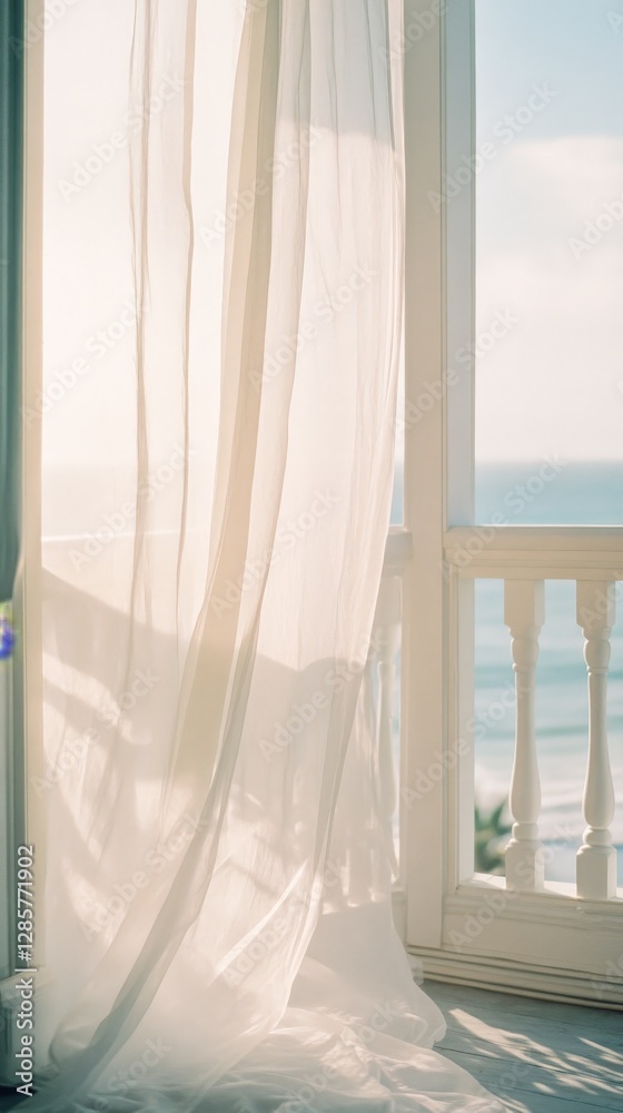 Sheer curtains swaying in gentle breeze by a sunny ocean view balcony Sheer curtains swaying in gentle breeze by a sunny ocean view balcony