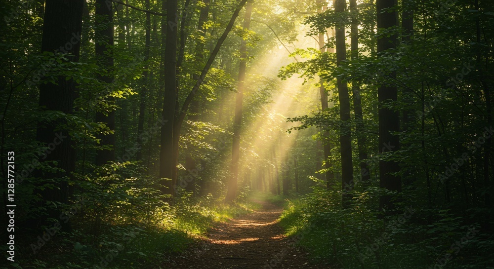 Obraz premium Golden sunlight streams through a lush green forest, illuminating a peaceful path that winds through tall trees, creating a serene and magical atmosphere.