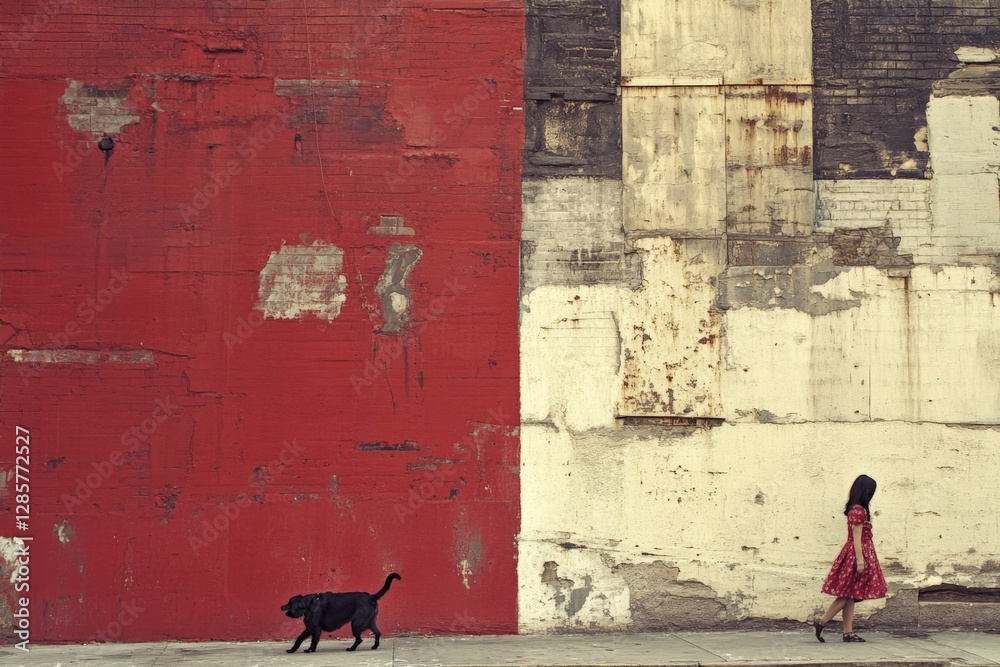 Woman in a red dress walks her black dog along a colorful urban wall in the early evening light Woman in a red dress walks her black dog along a colorful urban wall in the early evening light