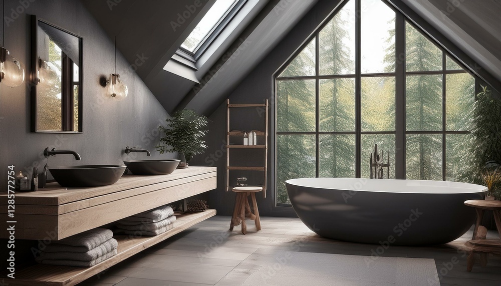 Fototapeta premium Attic gray bathroom interior with tub and bench