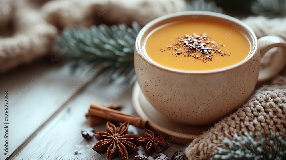 Winter comforts hot drink, spruce branch, scarf, anise, and cinnamon on white wood. Winter comforts hot drink, spruce branch, scarf, anise, and cinnamon on white wood.