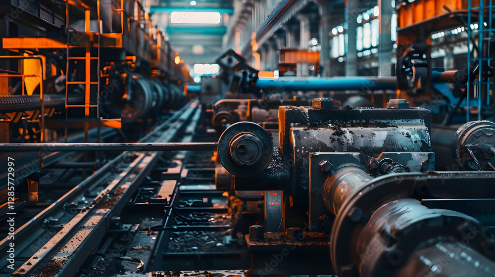 Fototapeta premium Industrial machinery interior showcasing intricate equipment in a vibrant factory setting