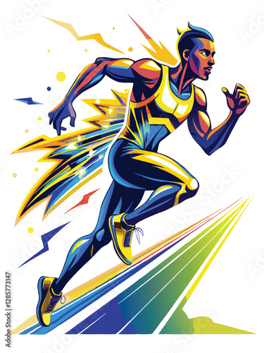 A powerful athlete, mid-stride, explosively breaking the tape at the finish line of a track and field race.  Dynamic pose, intense focus.