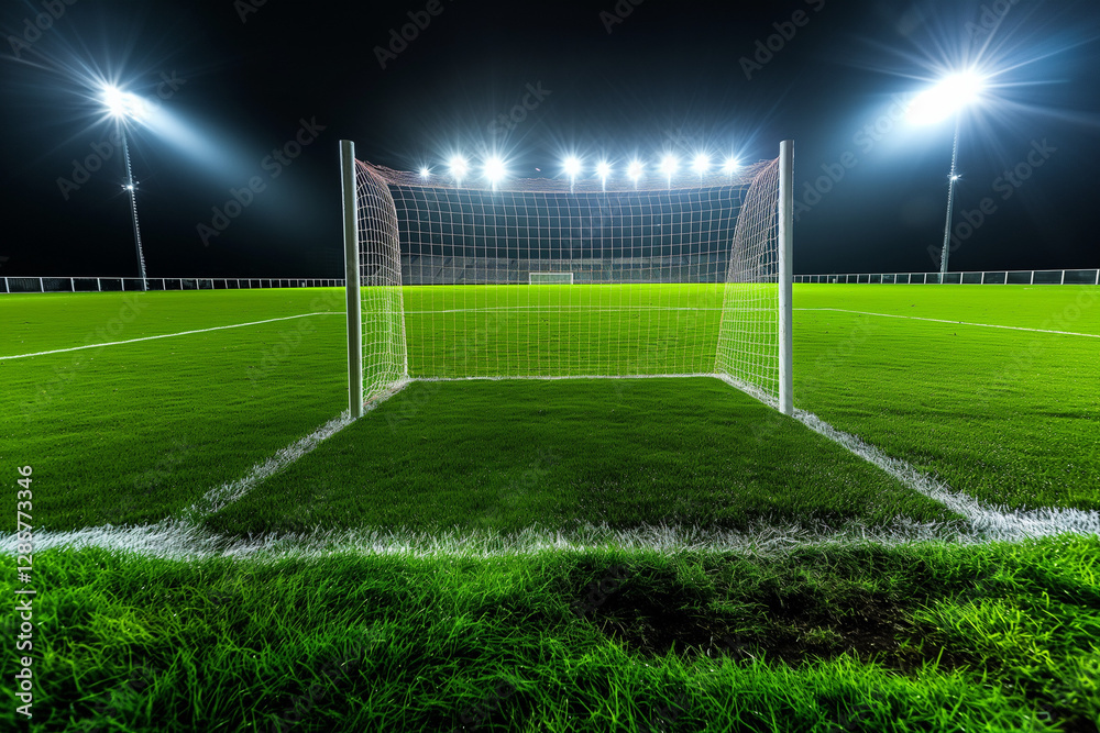 Fototapeta premium A night-time soccer field with lush green grass, illuminated by bright stadium lights that cast a dramatic glow over the field