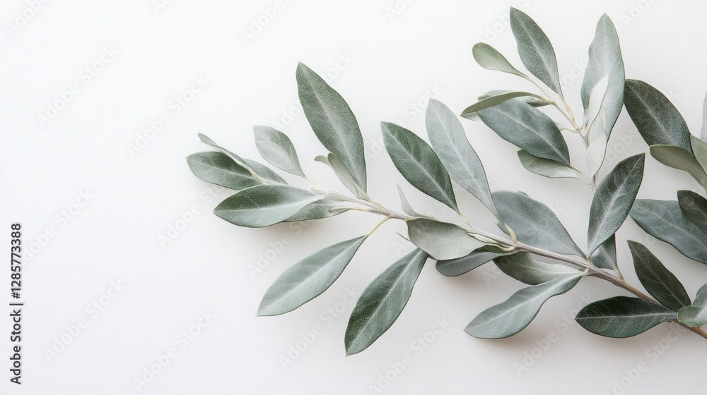 Naklejka premium Light gray olive branch on white background, minimalist aesthetic