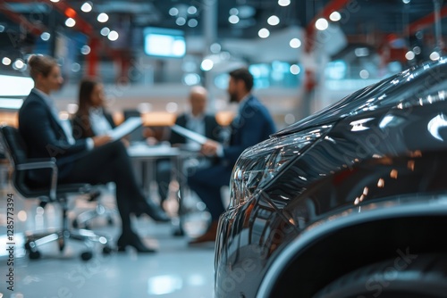 Business professionals discussing automotive innovations in a modern showroom
