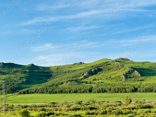Fotografi Vibrant Green Valley and Rolling Hills Under a Clear Blue Sky