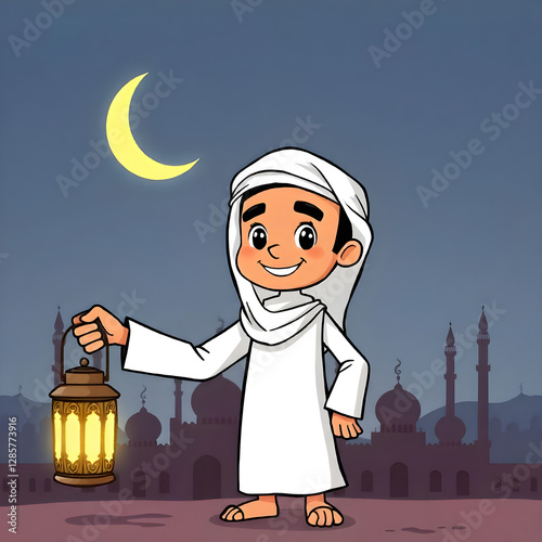 ramadan mubarak, ramadan kareem, ramadan, lantern, Ramadan Mubarak with a smiling Arab character holding a lantern in his hand and behind him the crescent moon appears illuminated