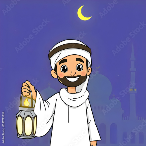 Ramadan Mubarak background with a smiling Arab character holding a lantern in his hand and behind him the crescent moon appears illuminated