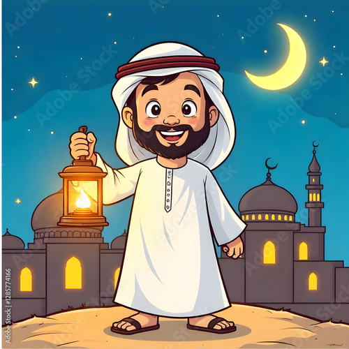 Ramadan Mubarak background with a smiling Arab character holding a lantern in his hand and behind him the crescent moon appears illuminated