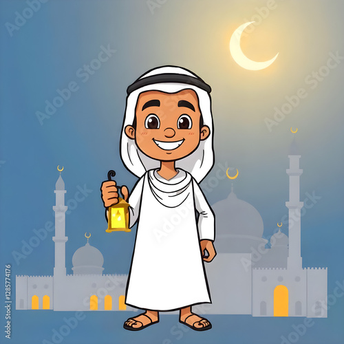 Ramadan Mubarak background with a smiling Arab character holding a lantern in his hand and behind him the crescent moon appears illuminated