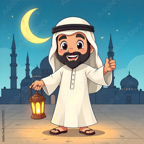 Ramadan Mubarak background with a smiling Arab character holding a lantern in his hand and behind him the crescent moon appears illuminated