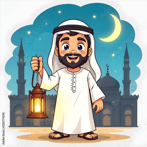 Ramadan Mubarak background with a smiling Arab character holding a lantern in his hand and behind him the crescent moon appears illuminated