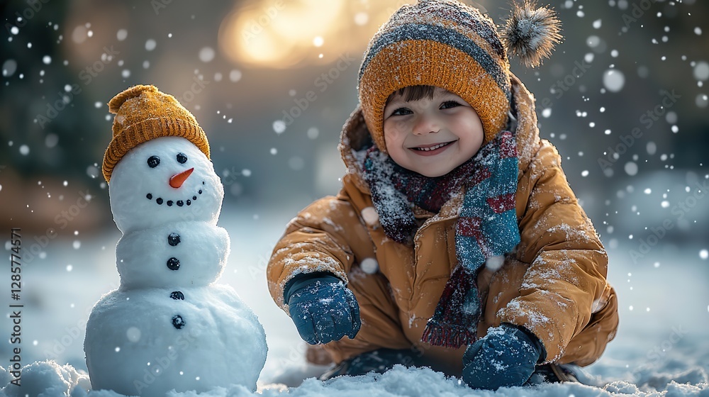 Winter fun for kids is captured as a boy builds a snowman outdoors The smiling boy, wearing winter clothes, kneels in the snow, enjoying the winter season Winter fun for kids is captured as a boy builds a snowman outdoors The smiling boy, wearing winter clothes, kneels in the snow, enjoying the winter season