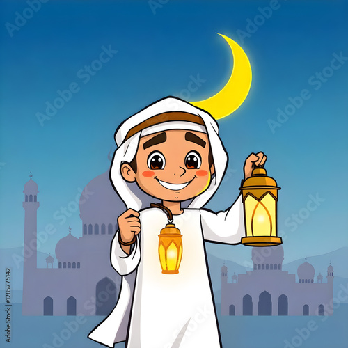 Ramadan Mubarak background with a smiling Arab character holding a lantern in his hand and behind him the crescent moon appears illuminated