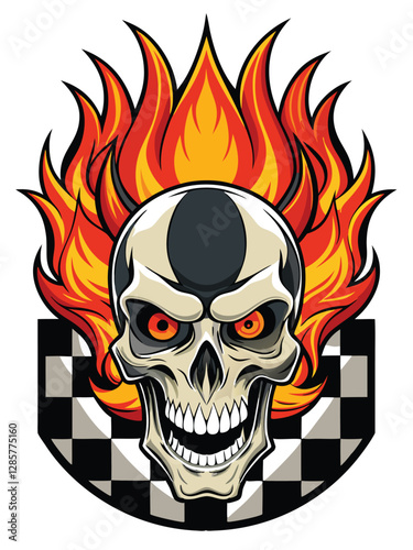 A fiery skull, engulfed in flames, features a bold racing stripe down its forehead.  Intricate skull details are visible.