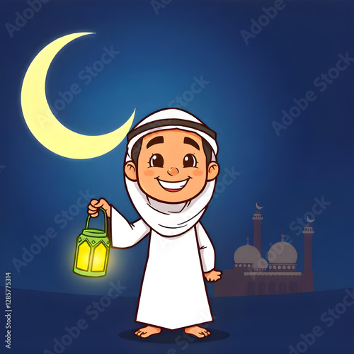 Ramadan Mubarak background with a smiling Arab character holding a lantern in his hand and behind him the crescent moon appears illuminated
