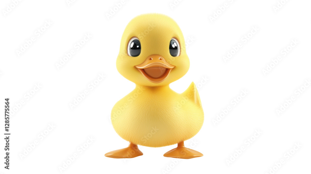 Cheerful yellow rubber duck stands with an inviting smile, perfect for bath time fun and children's play Cheerful yellow rubber duck stands with an inviting smile, perfect for bath time fun and children's play