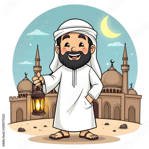 Ramadan Mubarak background with a smiling Arab character holding a lantern in his hand and behind him the crescent moon appears illuminated