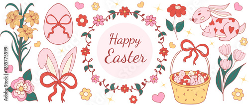 Easter coquette design elements set. Eggs, chicken, butterfly, rabbit, tulips, flowers, willow, branches, basket, tulips, narcissus. Vector illustration.