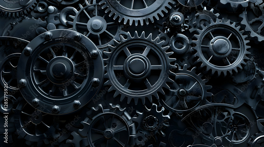 Intricate arrangement of dark gears and cogs creating a mechanical backdrop for design Intricate arrangement of dark gears and cogs creating a mechanical backdrop for design