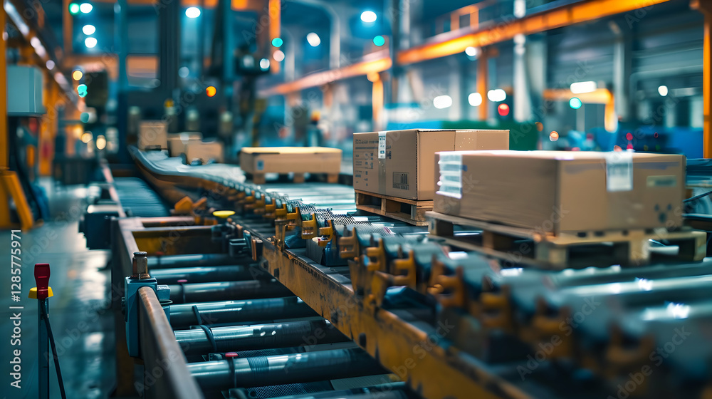 Fototapeta premium Busy warehouse with automated conveyor system transporting cardboard boxes for distribution