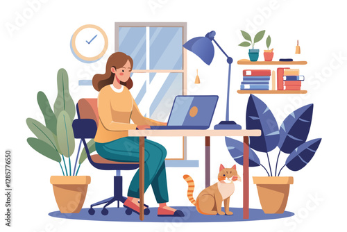 A freelance graphic designer works from a cozy, sunlit home office, laptop on a rustic wooden desk, surrounded by plants.