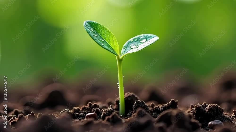Timelapse of seedling growth with dew on leaves in lush green environment