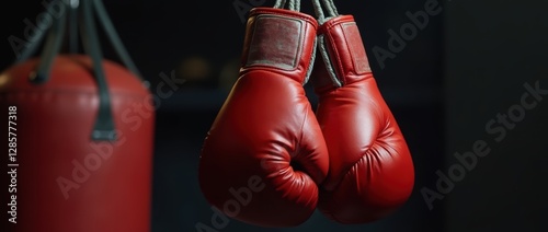 A pair of red boxing gloves hanging on a hook, with a punching bag blurred in the background. The lighting is dramatic, with shadows emphasizing the texture of the gloves