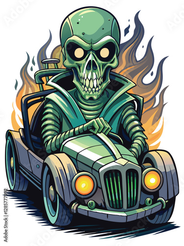 A spectral skeleton resides within a dilapidated, rusted race car, shrouded in mist; eerie, haunted atmosphere.