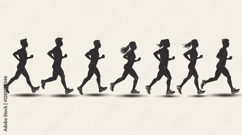 silhouette of a young man and woman running and jogging together silhouette of a young man and woman running and jogging together