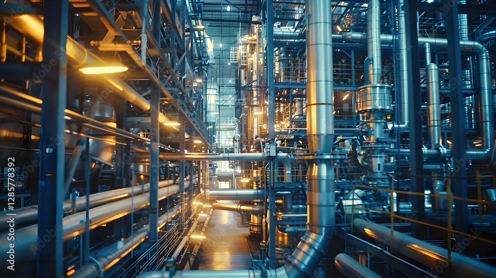 Industrial facility with intricate piping and illuminated structures, showcasing manufacturing processes Industrial facility with intricate piping and illuminated structures, showcasing manufacturing processes
